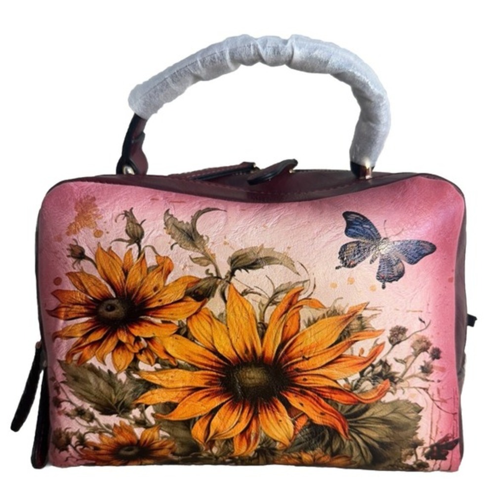 Hand painted Burgundy Genuine Leather Purse Sunflower Crossbody Shoulder Bag New